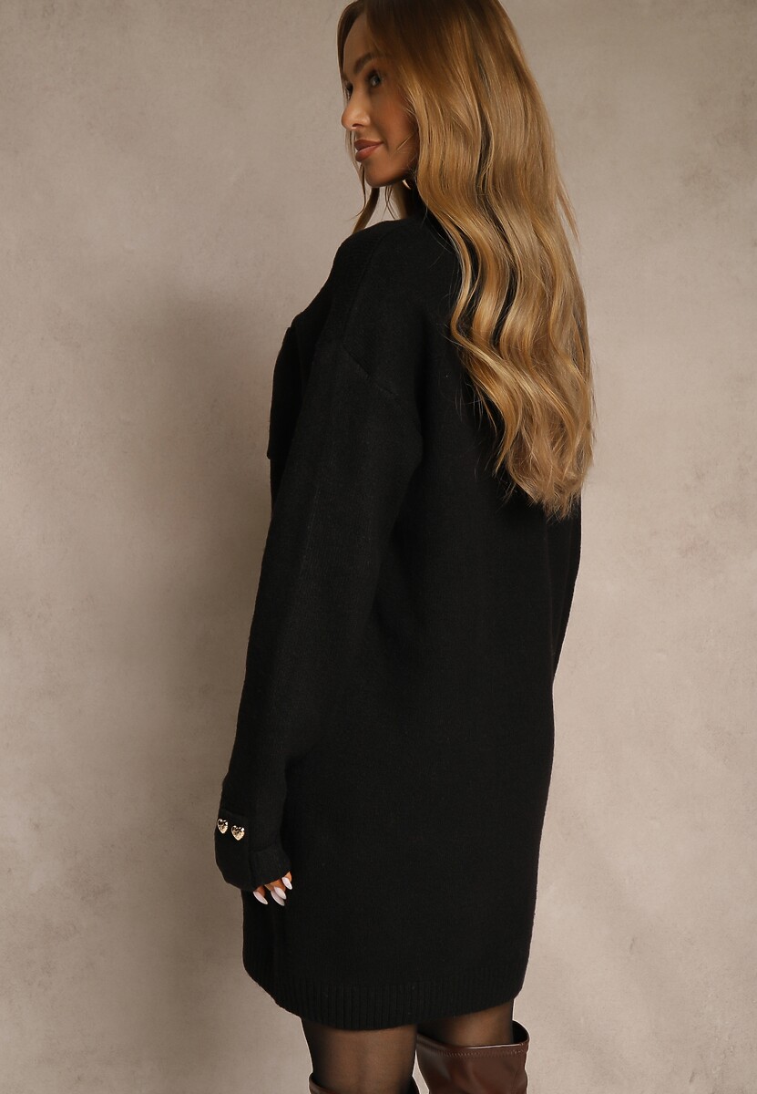 Czarna Sukienka z Półgolfem z Dzianiny z Wiskozą i Dodatkiem Wełny Nessla