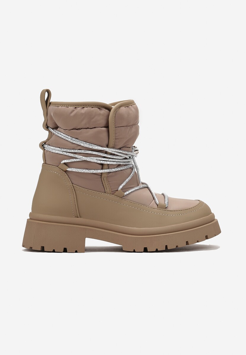 Ciemnobeżowe Pikowane Ocieplane Śniegowce na Grubej Podeszwie z Ozdobnym Wiązaniem Klimorsi