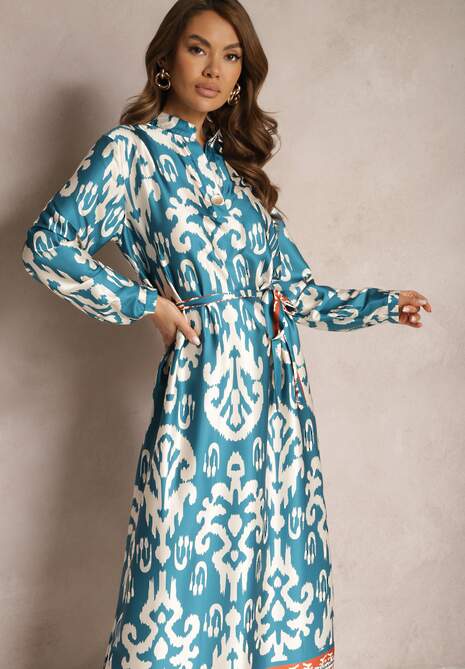 Niebieska Pudełkowa Sukienka Satynowa z Paskiem w Talii w Ornamentalny Print Tarosa