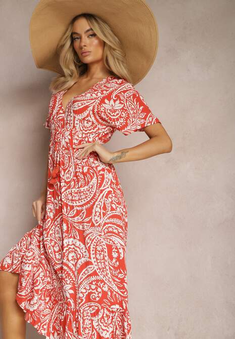 Czerwono-Beżowa Sukienka Letnia z Gumką w Talii i Ozdobnymi Chwostami Aleriana