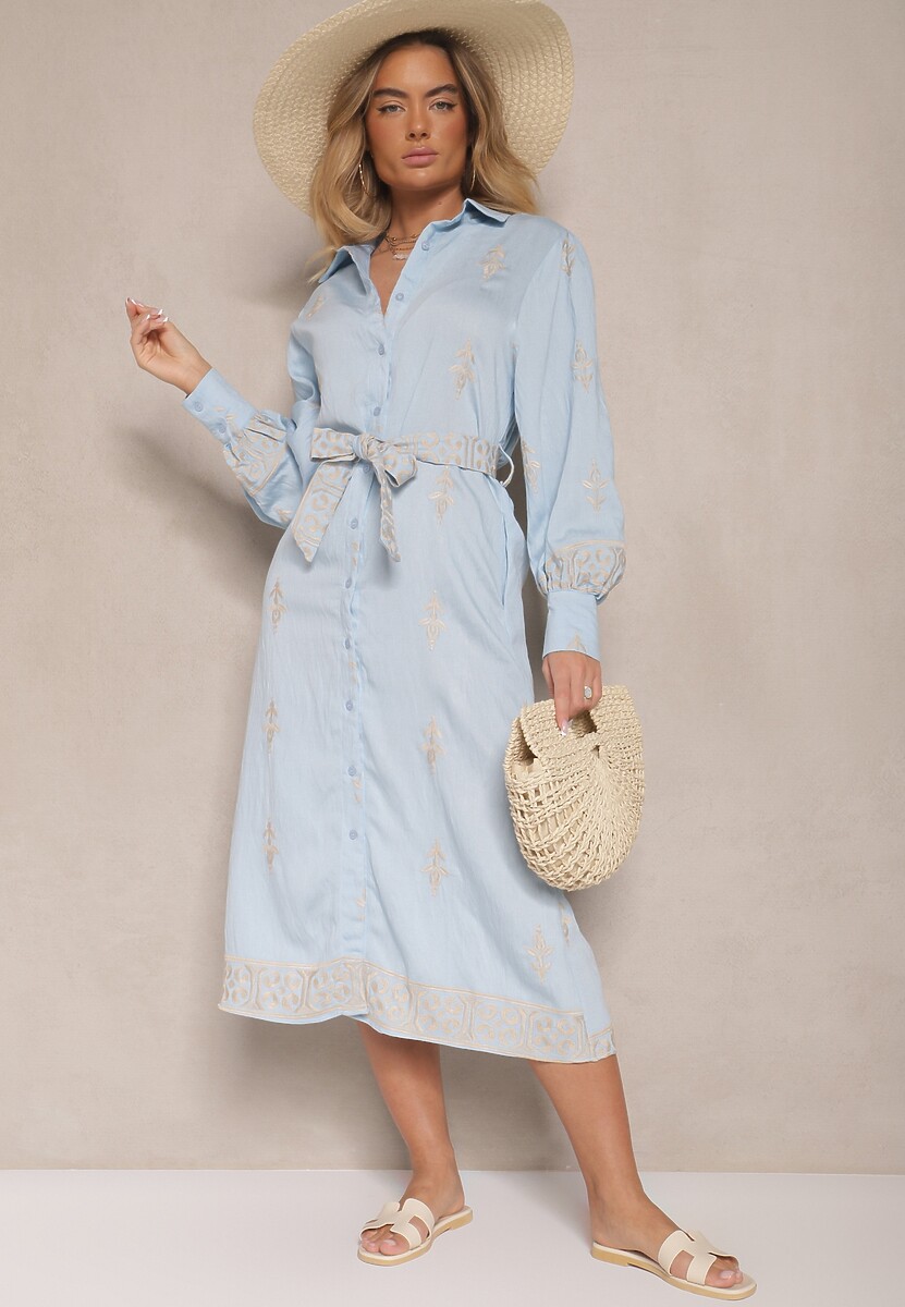 Niebieska Koszulowa Sukienka w Stylu Szmizjerki z Wiskozy Wiązana w Talii Telaniwena