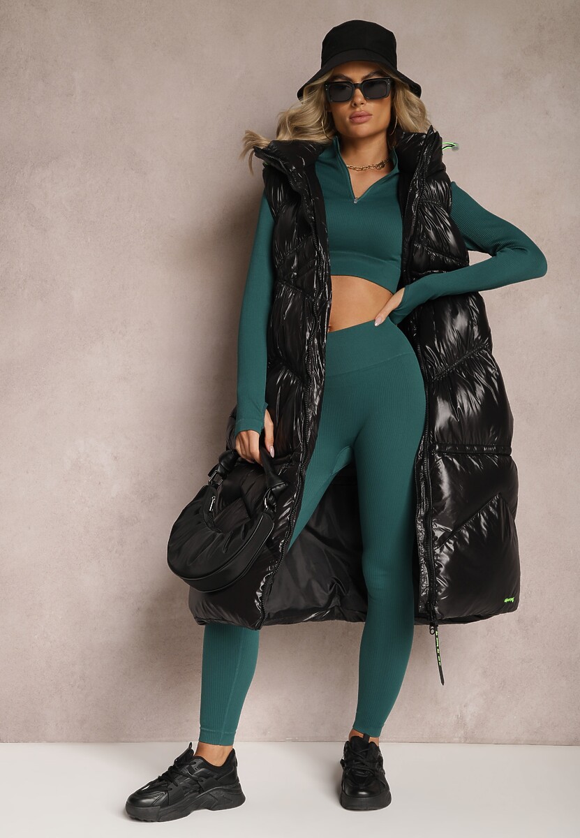 Czarna Długa Kamizelka Pikowana z Kapturem Azalira