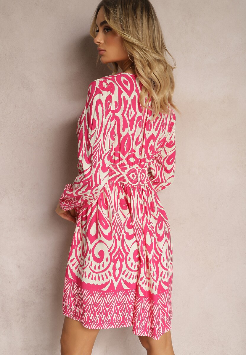 Różowo-Biała Wiskozowa Sukienka o Rozkloszowanym Kroju z Długimi Rękawami Zakończonymi Gumką Kililasa