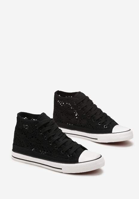 Czarne Sznurowane Trampki Ozdobione Ażurowym Wzorem Bokra