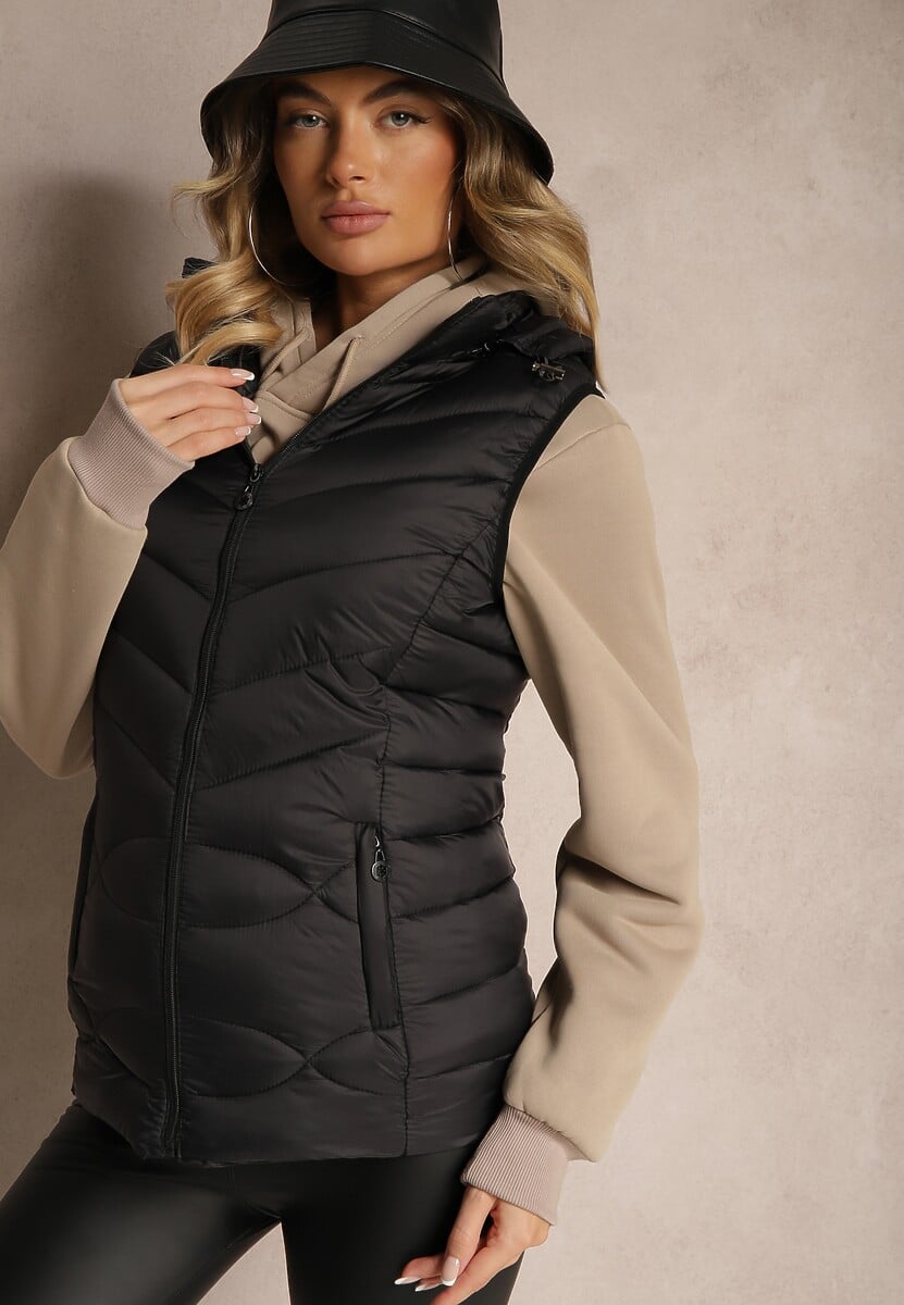 Czarna Kamizelka z Odpinanym Kapturem Ozdobiona Pikowaniem i Zasuwanymi Kieszeniami Valentea