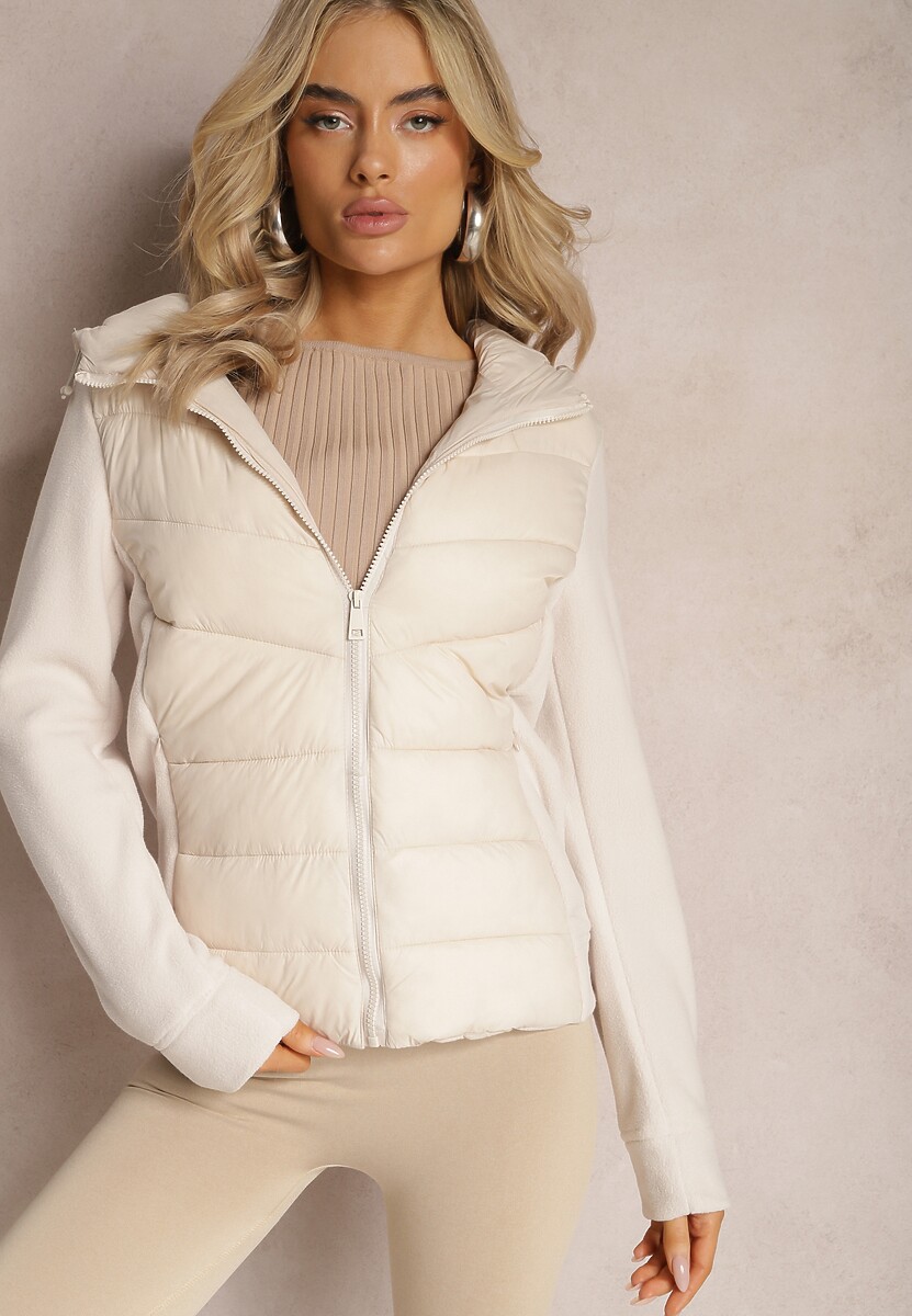 Jasnobeżowa Kurtka z Kapturem Ozdobiona Skośnym Pikowaniem Faneli