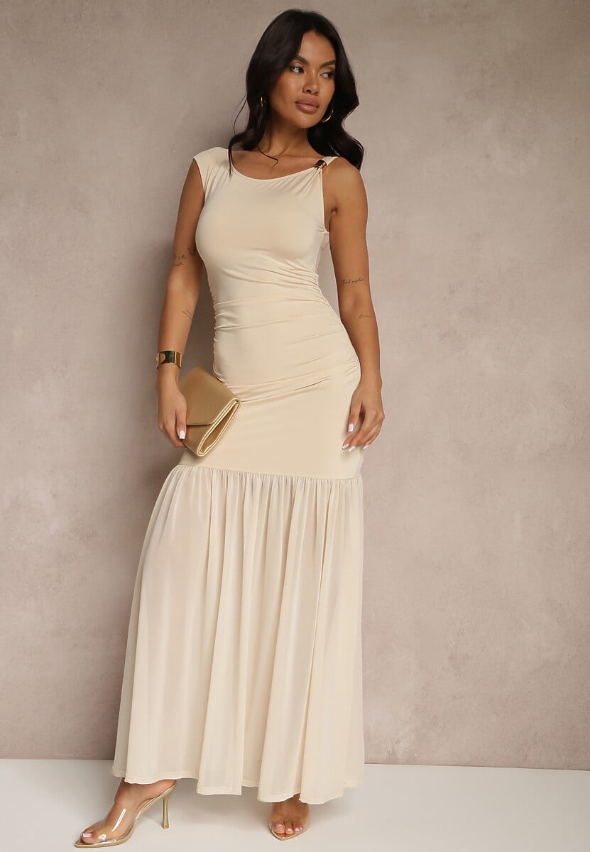 Beżowa Sukienka Koktajlowa z Wiskozą i Marszczeniem Galoriella