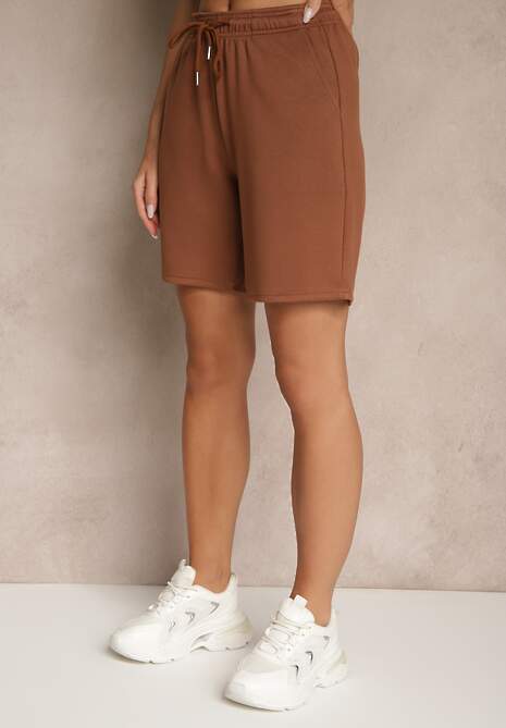 Brązowe Klasyczne Szorty do Kolan z Gumką w Pasie Fermatia
