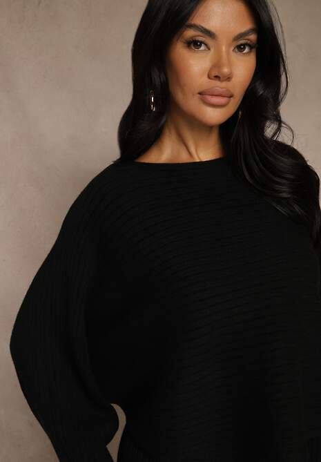 Czarny Prążkowany Komplet z Dzianiny Sukienka Bodycon i Sweter Nietoperz Wediana