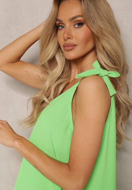 Jasnozielona Trapezowa Sukienka Midi na Wiązanych Ramiączkach Vincca