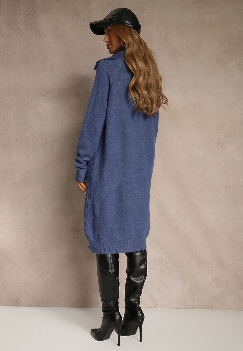 Granatowa Sweterkowa Sukienka z Bawełną i Wełną Ozdobiona Suwakiem Reinda