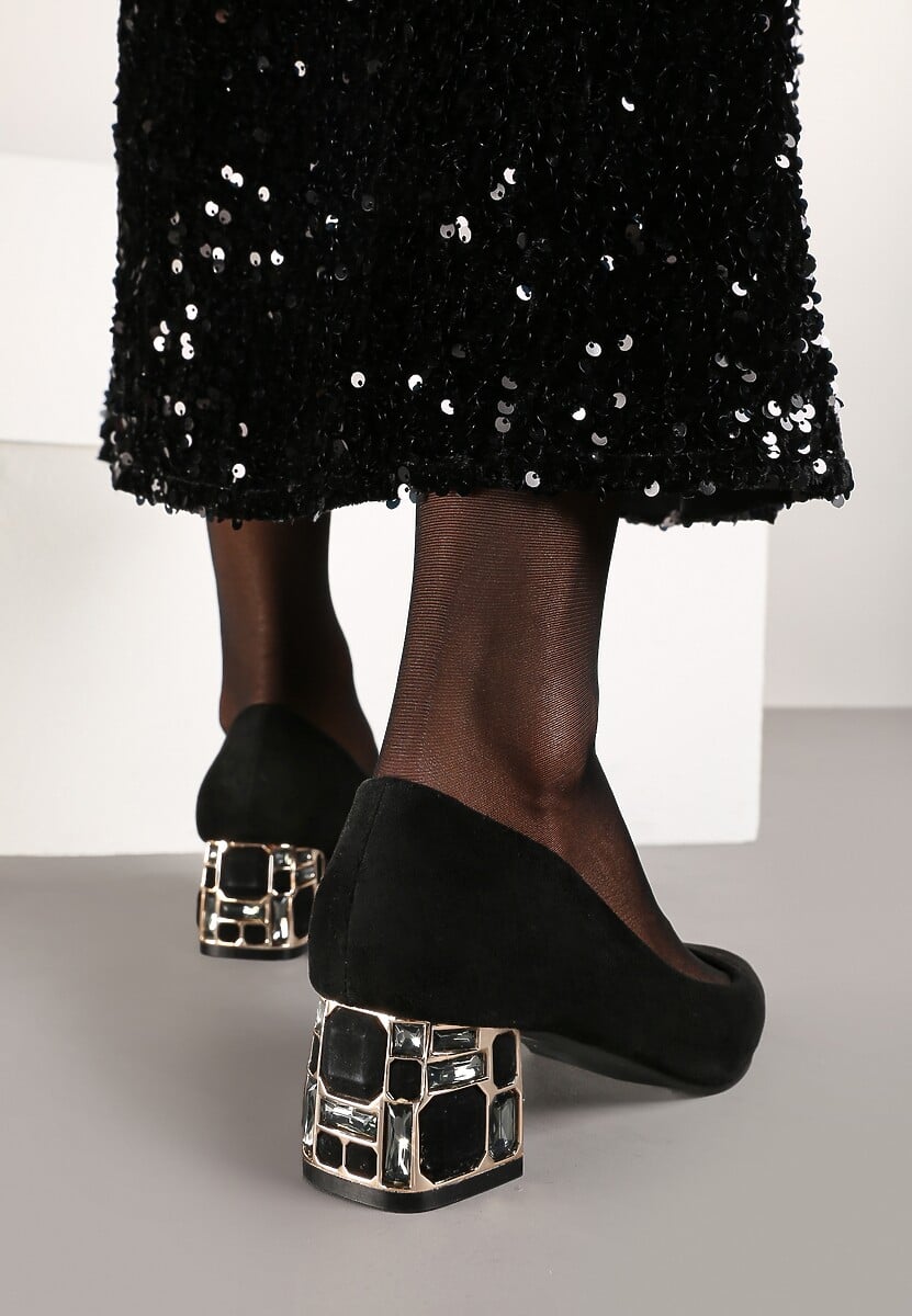 Czarne Czółenka Vices na Słupku Ozdobionym Kamieniami ze Skórzaną Wkładką Savelia