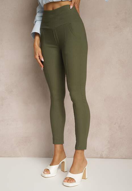 Ciemnozielone Spodnie Skinny High Waist Kolanira
