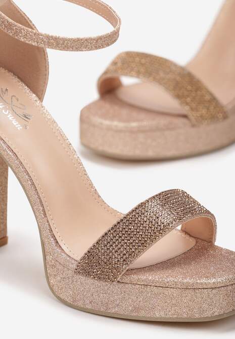 Złote Sandały Brokatowe na Platformie i Słupku Lirena