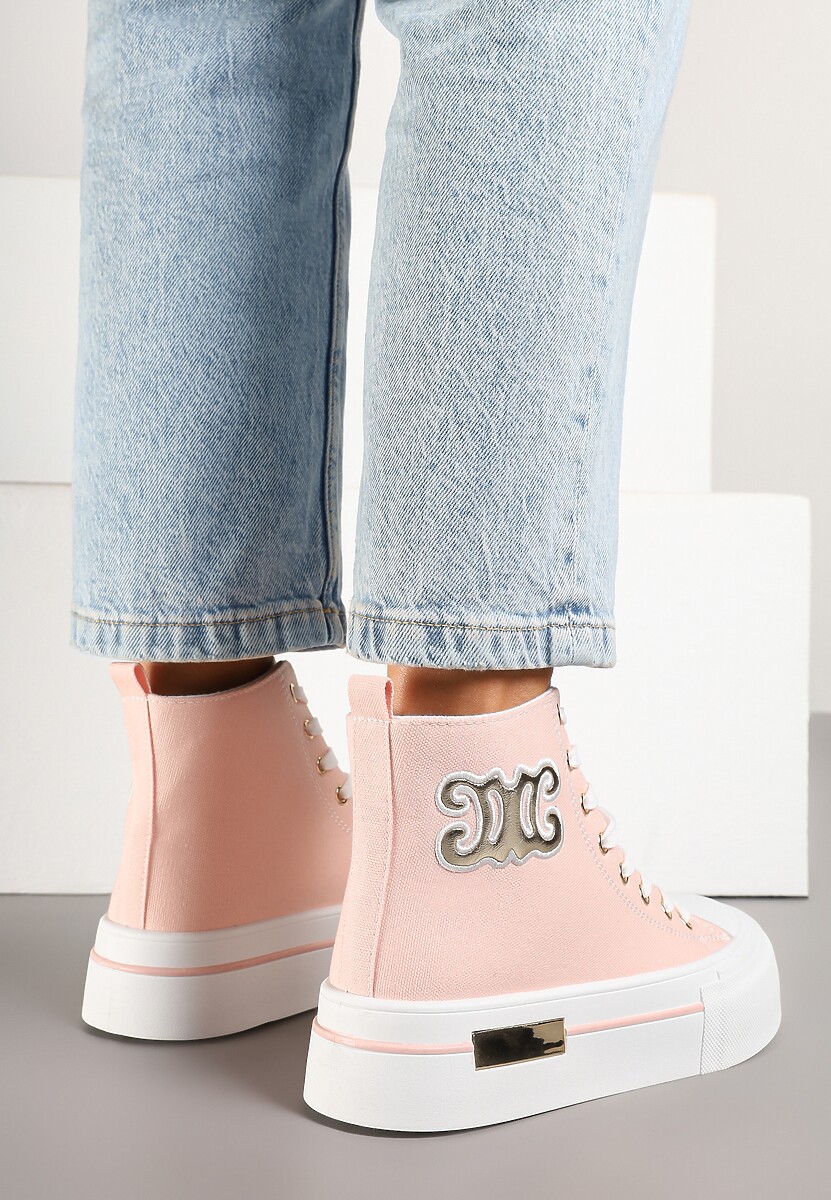Różowe Trampki na Platformie z Wysoką Cholewką i Naszywką Nurissea