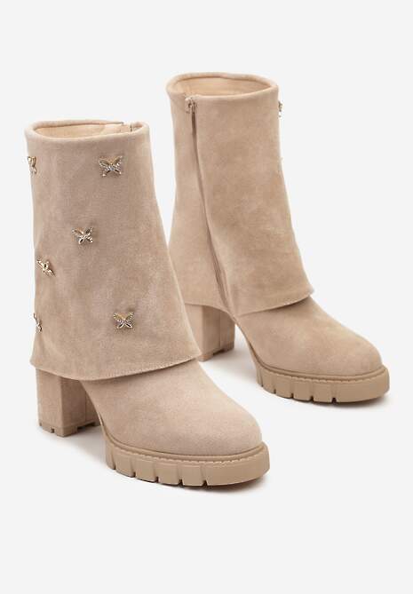 Beżowe Botki z Ekozamszu z Cholewką Imitującą Nogawkę z Ozdobnymi Cyrkoniowymi Detalami Etanela