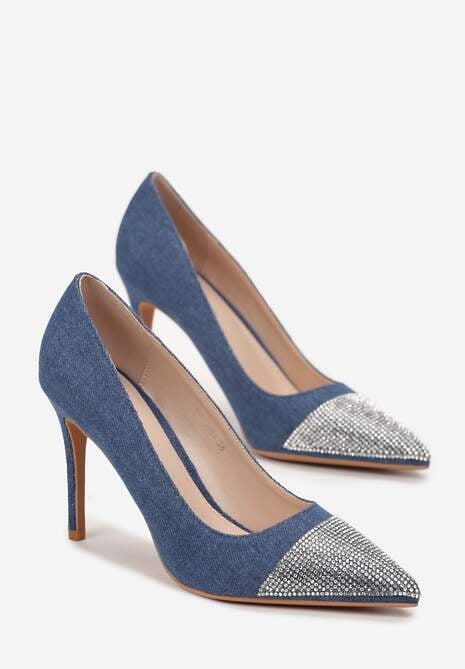 Niebieskie Jeansowe Szpilki z Cyrkoniami na Nosku Ararie