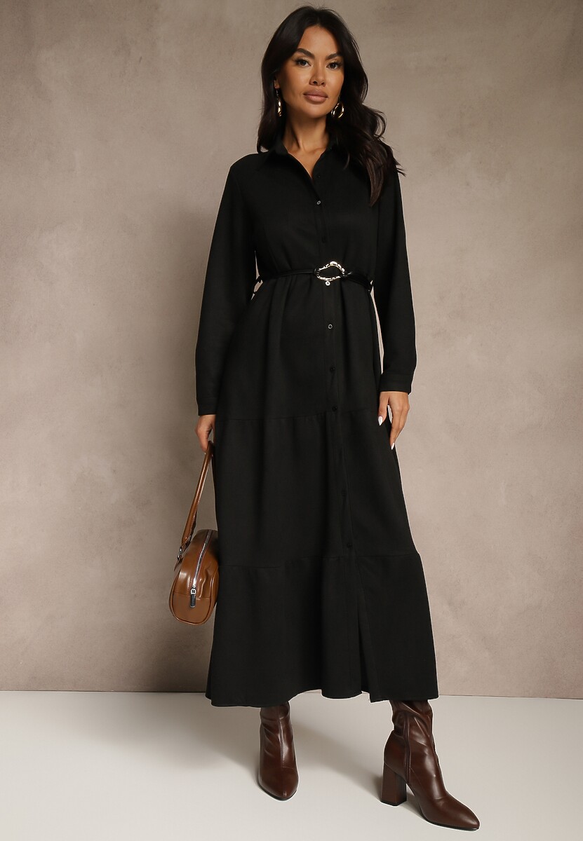 Czarna Sukienka Koszulowa z Wiskozy Ozdobiona Paskiem Retelsa