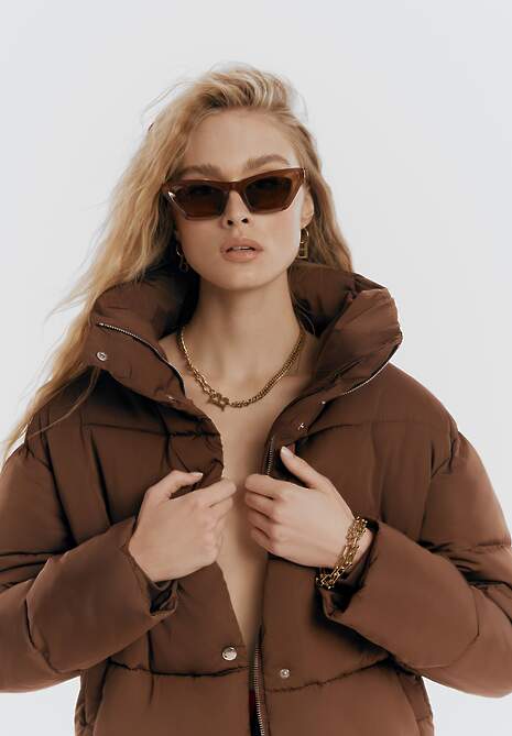 Ciemnobrązowa Kurtka Puffer Pikowana ze Stójką Maymie