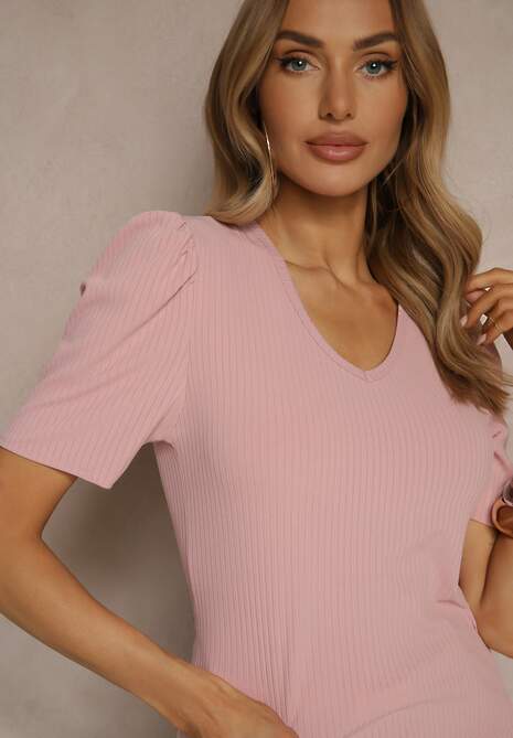 Różowy T-shirt z Trójkątnym Dekoltem Sunille