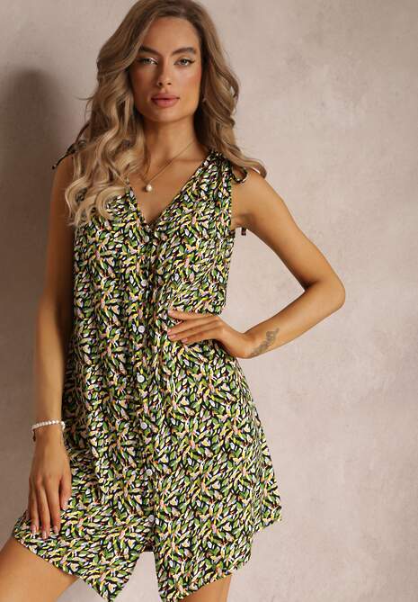 Zielono-Czarna Wiskozowa Sukienka Trapezowa z Troczkami na Ramionach Tiente