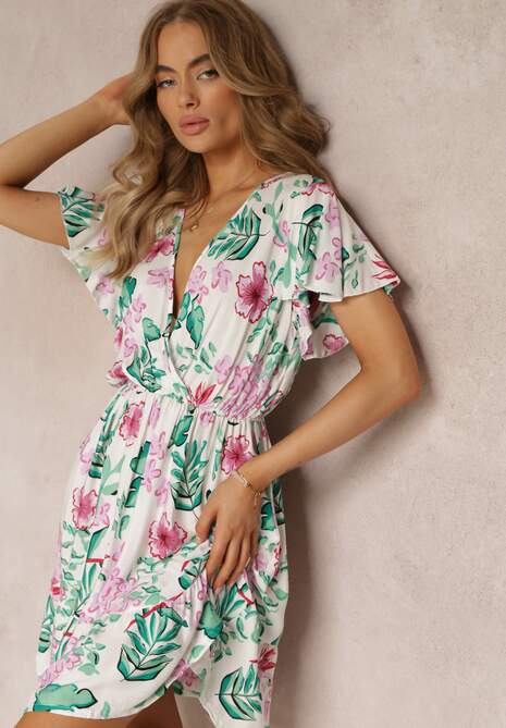 Biała Wiskozowa Sukienka Mini z Gumką w Talii i Kopertowym Dekoltem w Kwiaty Eleagnecca