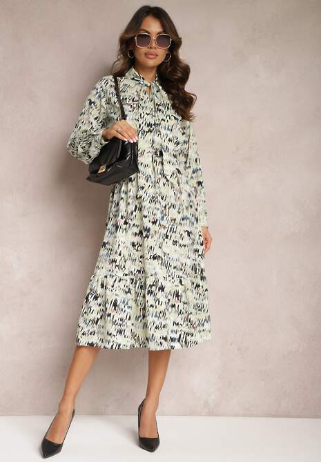 Zielona Rozkloszowana Sukienka Midi z Falbanką i Gumką w Talii Viglira