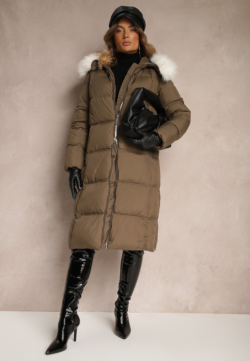 Zielona Khaki Długa Pikowana Kurtka z Kapturem i Odpinanym Futerkiem Edariel