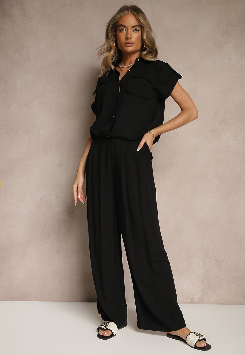 Beżowy Komplet z Wiskozy Spodnie i Koszula Ozdobiona Kieszeniami Rinalienna