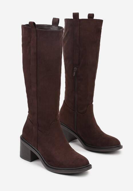 Brązowe Kozaki Oficerki Vices na Obcasie Zdobione Paskami przy Cholewce Giorela