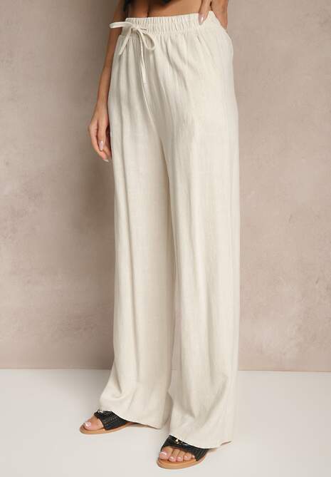 Jasnobeżowe Lniane Spodnie High Waist z Wiskozą o Szerokim Fasonie Zellimia