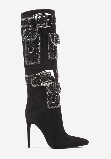 Czarne Kozaki na Obcasie Ozdobione Klamrami Kieszonkami i Cyrkoniami Ansirea