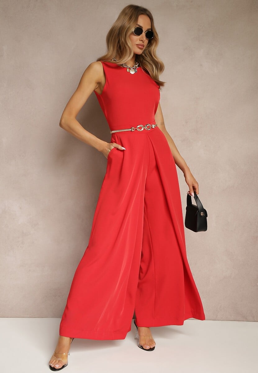 Czerwony Kombinezon Bez Rękawów z Nogawkami Wide Leg Noreldi