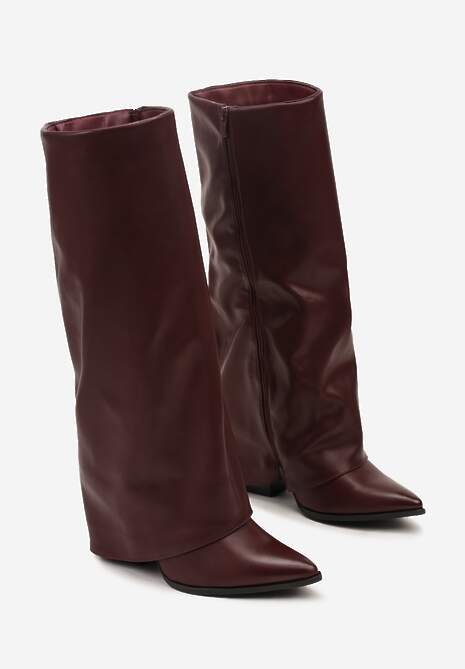 Bordowe Kozaki Kowbojki na Stożkowym Obcasie Ozdobione Wywiniętą Cholewką Nalunisa