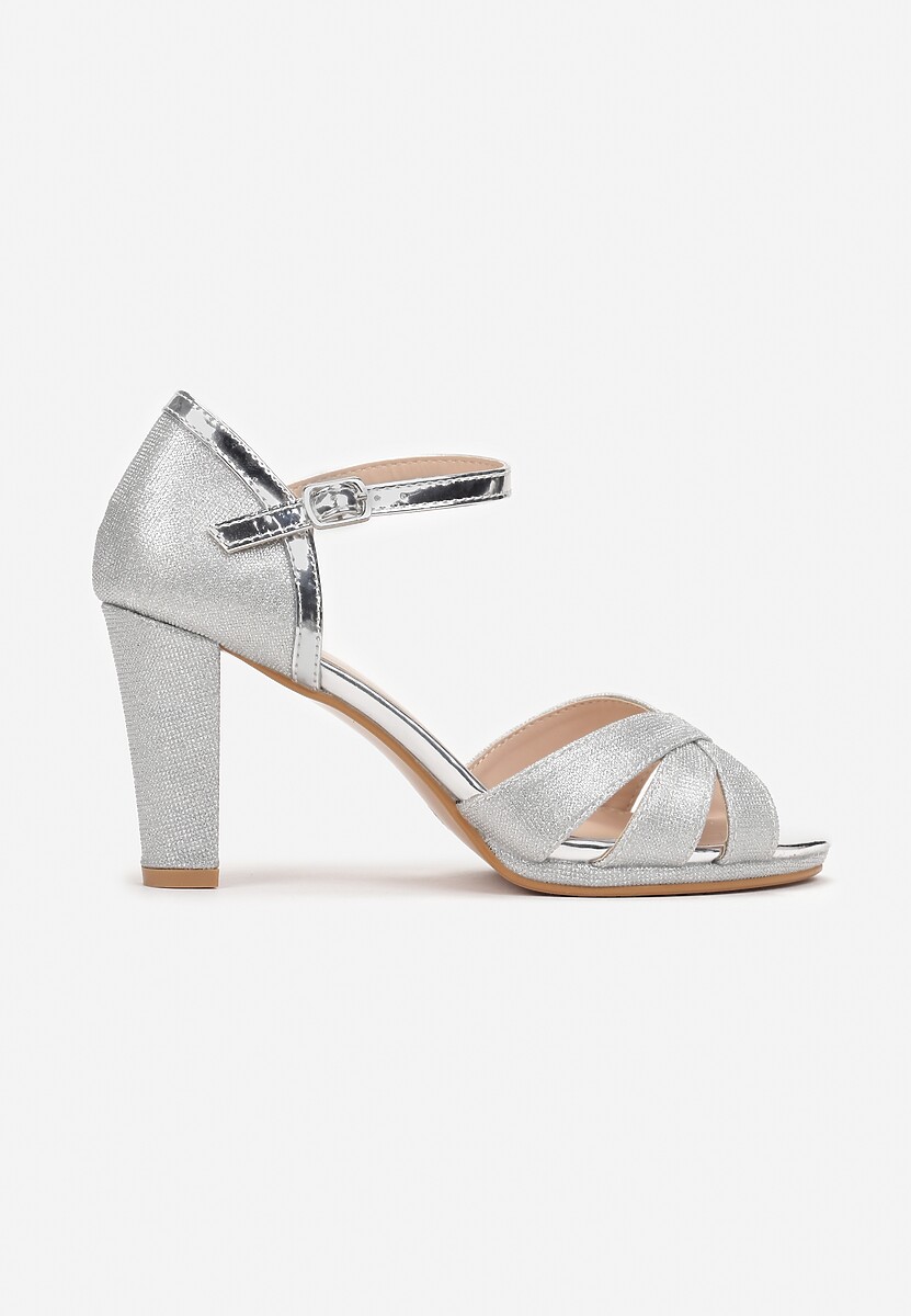Srebrne Brokatowe Sandały na Słupku Diocia