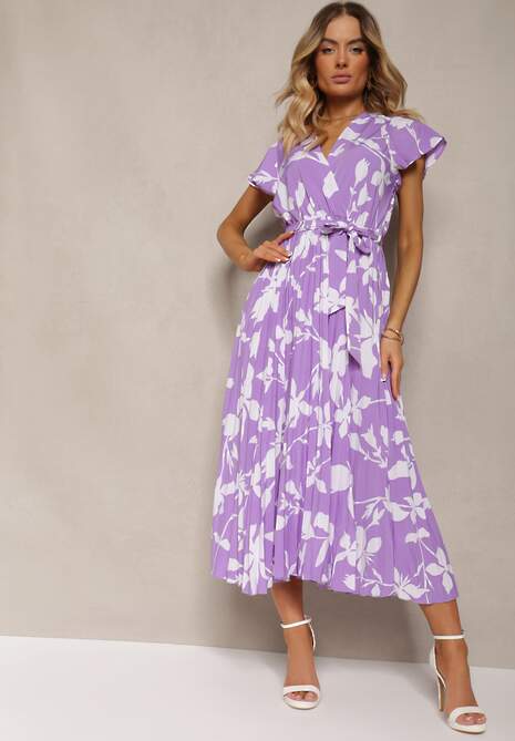 Fioletowa Sukienka z Kopertowym Dekoltem Plisowanym Dołem Wykończona w Talii Paskiem i Gumką Elsavia