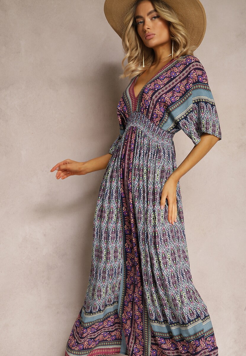 Brązowa Sukienka w Stylu Etnicznym z Gumką w Pasie Wiązana na Plecach Lixara