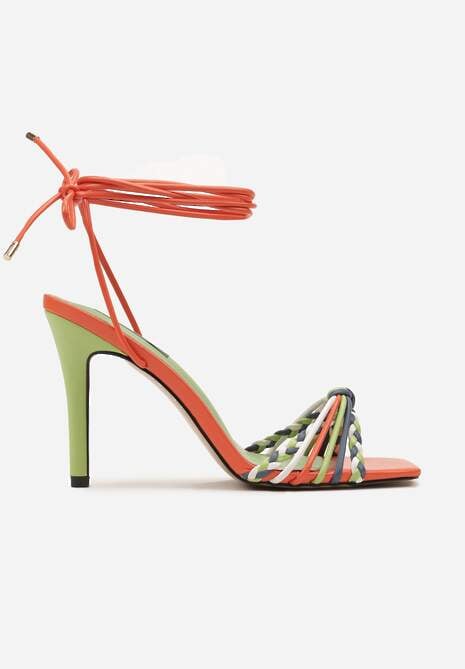 Pomarańczowe Sandały na Szpilce z Ozdobnym Wiązaniem przy Kostce Jocelinna