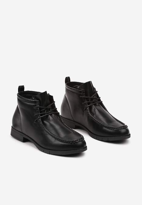 Czarne Botki na Płaskiej Podeszwie ze Sznurowaniem Ozdobione Przeszyciami Itterisa