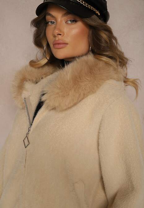 Beżowa Bluza Rozpinana z Wełną i Wiskozą Ozdobiona Futerkiem Vesalttia