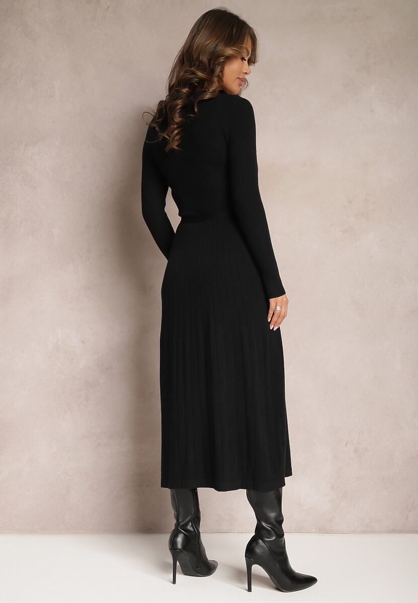 Czarna Sweterkowa Sukienka Maxi na Guziki z Wiązanym Paskiem Onykis