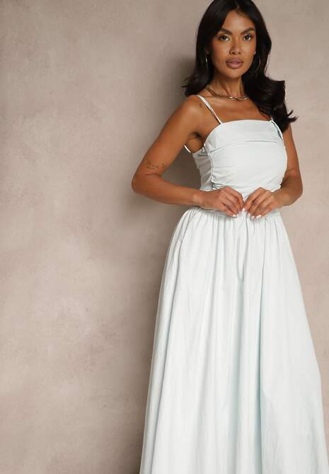 Jasnoniebieska Sukienka z Wiskozy z Bawełną Ozdobiona Zakładką Atellana