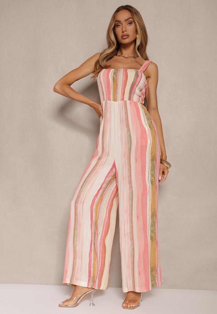 Różowy Wiskozowy Kombinezon Wide Leg na Szerokich Ramiączkach Efronia