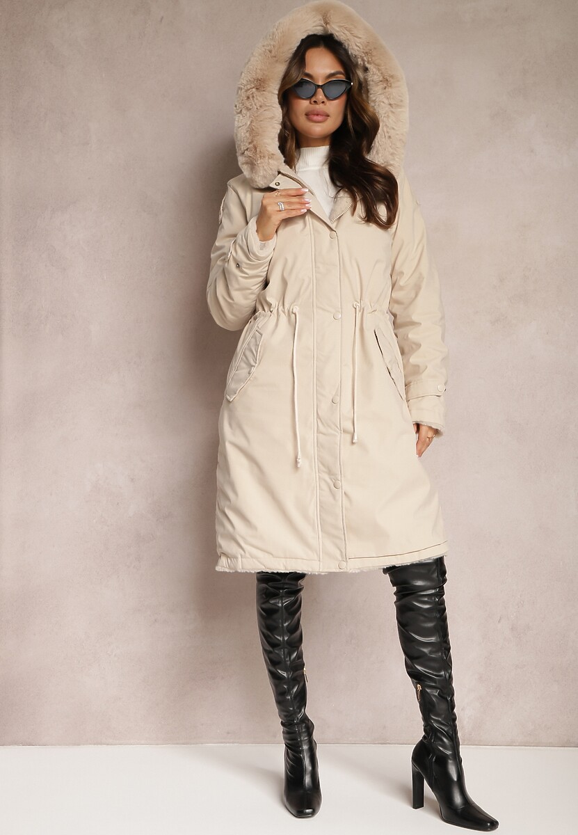 Jasnobeżowa Kurtka za Kolano ze Ściągaczem i Kapturem Elinda