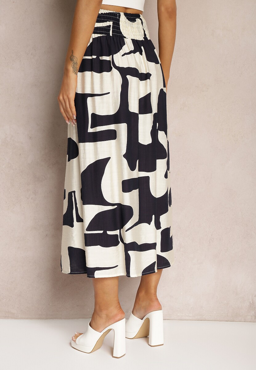 Biało-Granatowa Rozkloszowana Spódnica High Waist z Gumką w Talii i Guzikami Tinasshi