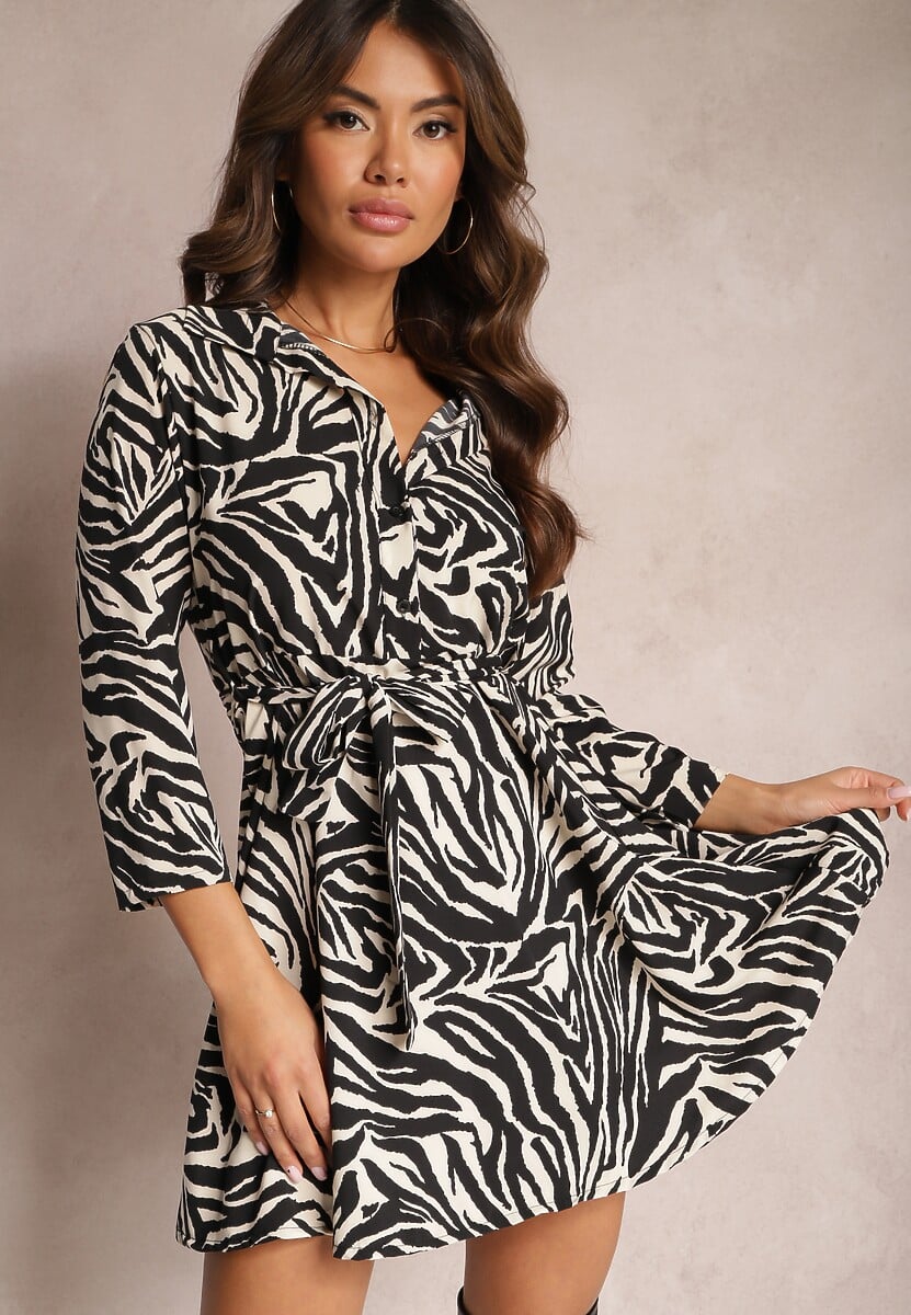 Brązowa Sukienka Mini w Zwierzęcy Wzór z Trójkątnym Dekoltem i Wiązaniem w Talii Vidan