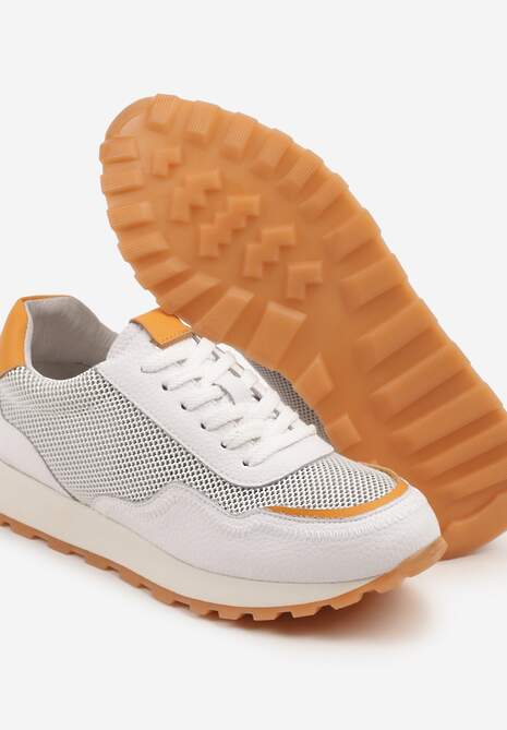 Białe Sneakersy Skórzane Ozdobione Geometrycznym Motywem Wibessa