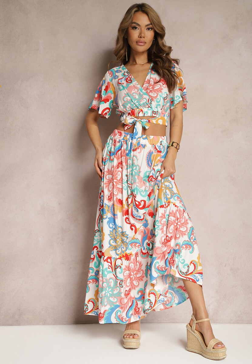 Czarno-Niebieski Wiskozowy Komplet Bluzka z Krótkim Rękawem Spódnica z Gumką i Falbankami Einesta