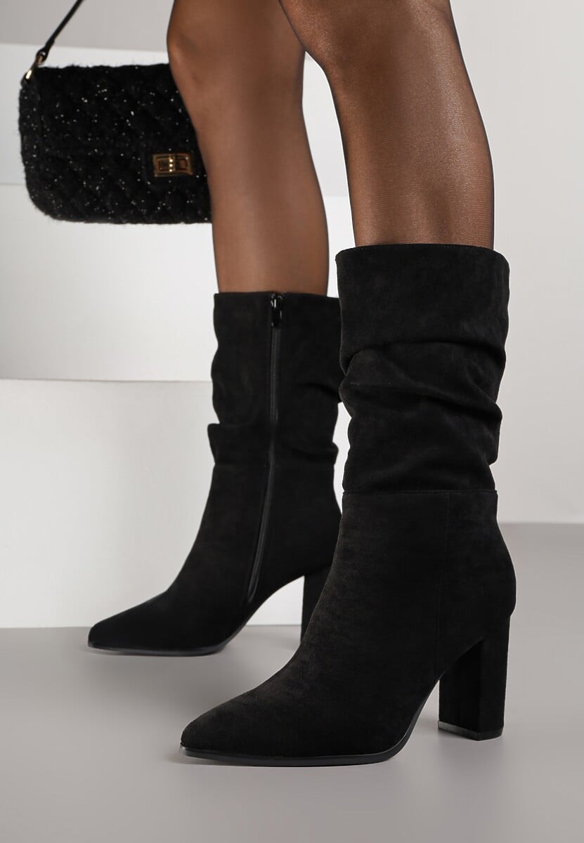 Czarne Marszczone Botki z Imitacji Zamszu na Słupkowym Obcasie Leriline