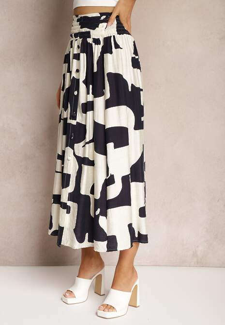 Biało-Granatowa Rozkloszowana Spódnica High Waist z Gumką w Talii i Guzikami Tinasshi